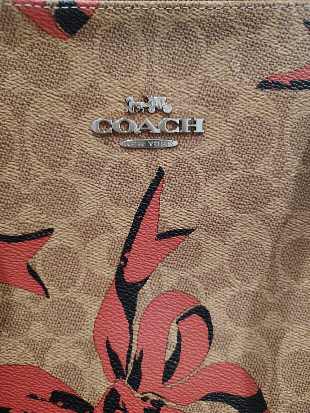 Coach Brown Signature Tote with Pink Bow Accents
